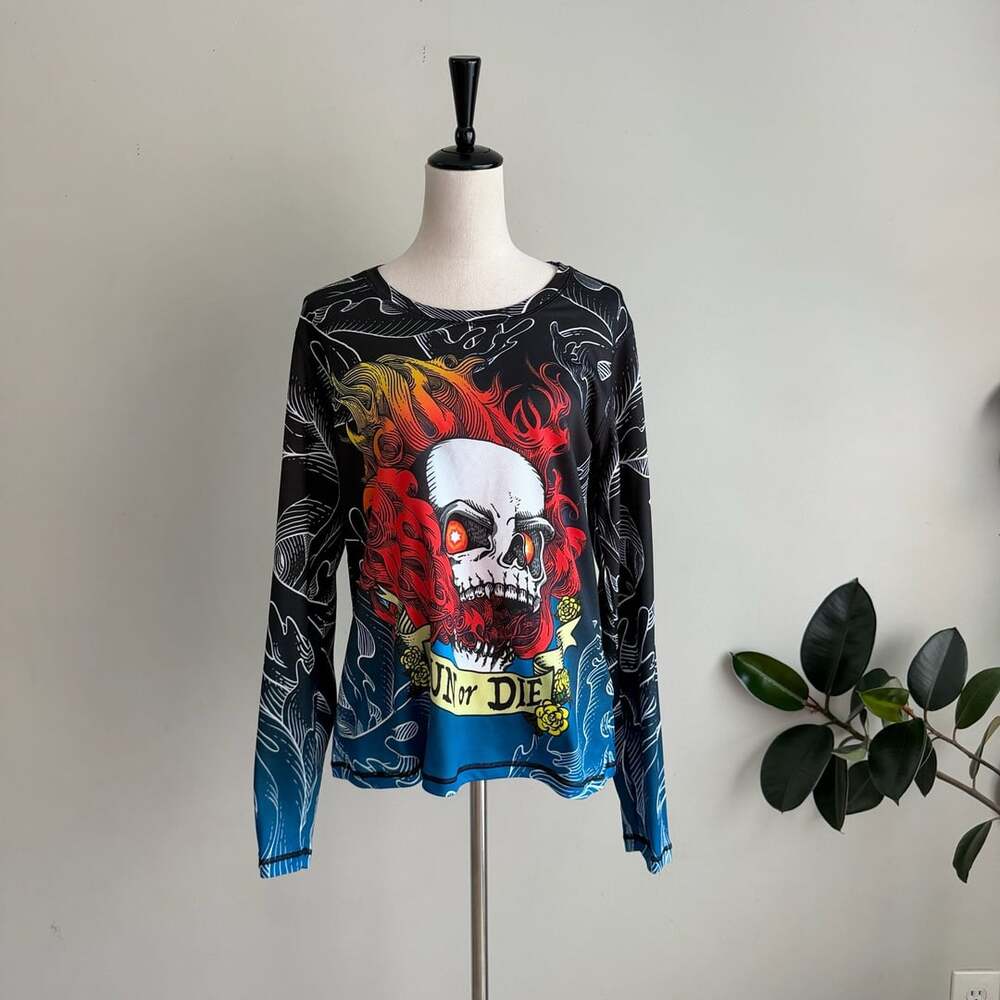 INKnBURN Fire Skull Long Sleeve Tech Shirt Womens XLarge